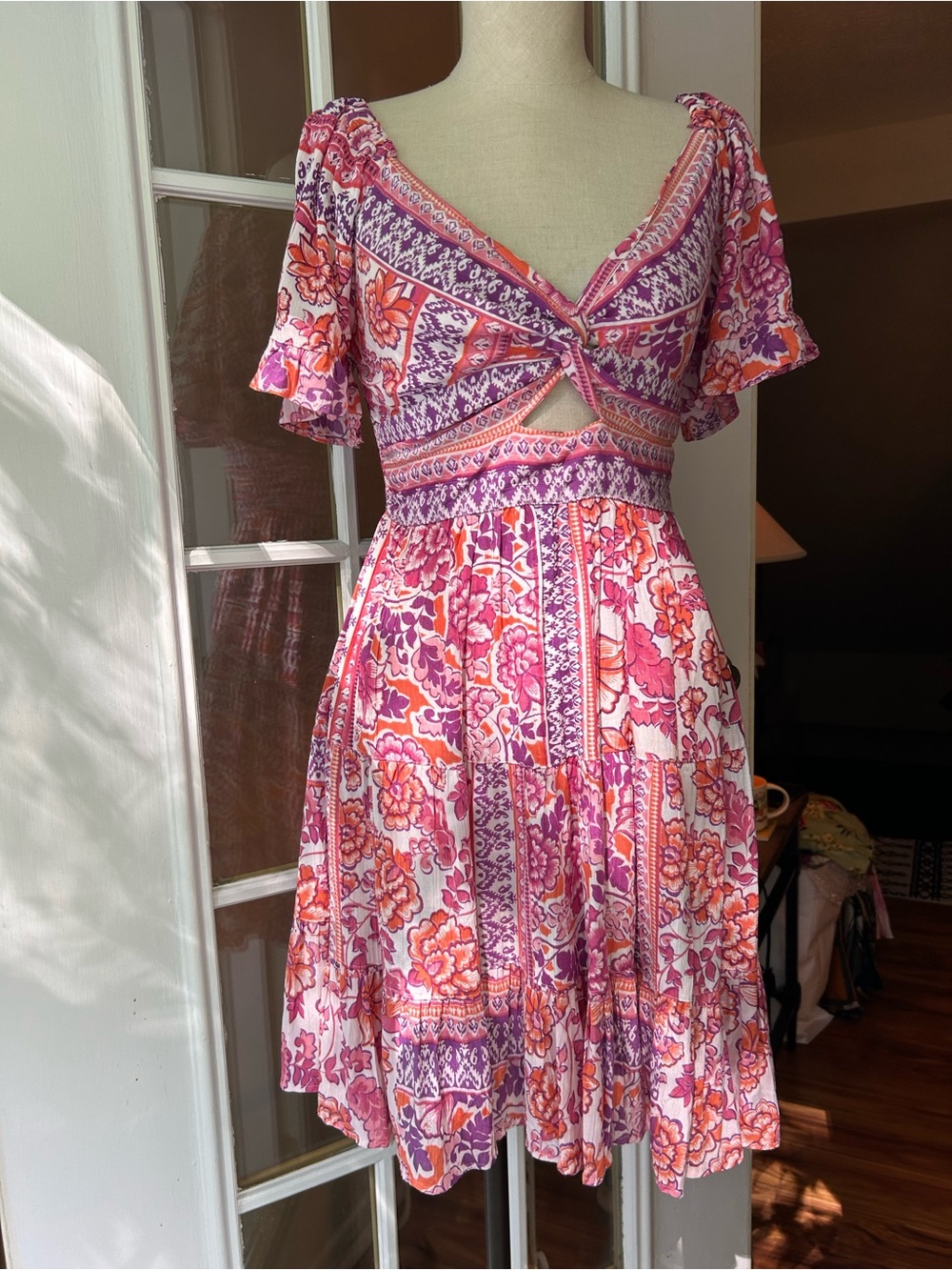Angie Pink, Purple & Orange Floral keyhole front Mini Dress. Medium.